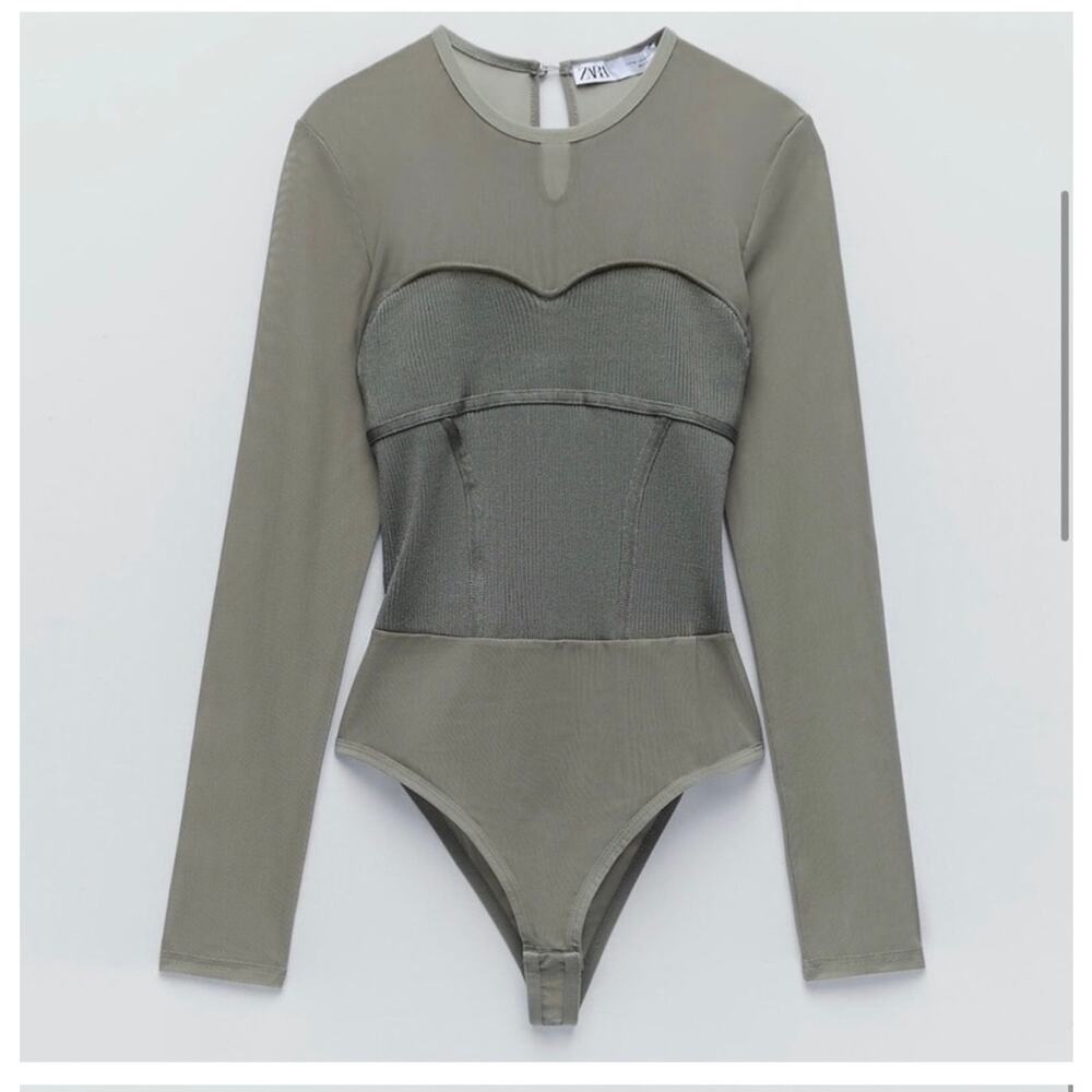 ZARA Mesh Corset Bodysuit Olive Green Long Sleeve Sheer Top Women’s Small